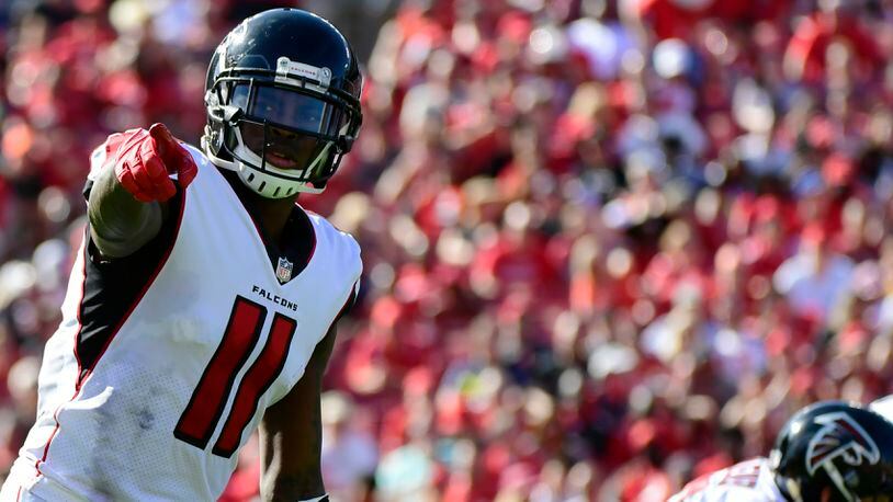 Falcons receiver Julio Jones points to the sideline during the fourth quarter against the Tampa Bay Buccaneers Dec. 30, 2018, at Raymond James Stadium in Tampa.