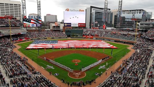 A general view of SunTrust Park during the national anthem prior to the game between the Braves and the Phillies on March 29, 2018 in Atlanta.  (Photo by Kevin C. Cox/Getty Images)