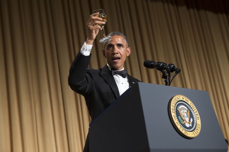 President Barack Obama offers a toast during the White House Correspondents' Association dinner at the Washington Hilton on Saturday, April 25, 2015, in Washington. (AP Photo/Evan Vucci)