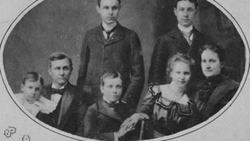 The Candlers in 1895: (counterclockwise, from bottom left) William, Asa, Walter, daughter Lucy, mother Lucy, Charles Howard, and Asa Jr.