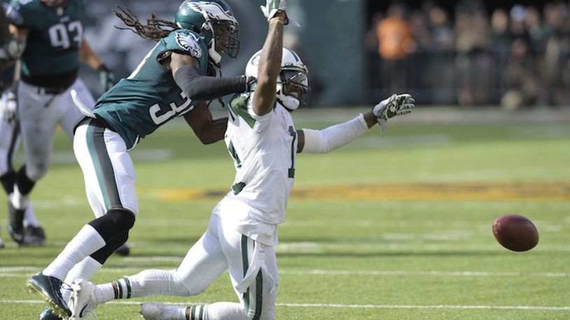 Philadelphia Eagles defensive back E.J. Biggers (38) breaks up a pass intended for New York Jets wide receiver Jeremy Kerley (11) during the fourth quarter of an NFL football game, Sunday, Sept. 27, 2015, in East Rutherford, N.J. (AP Photo/Bill Kostroun)