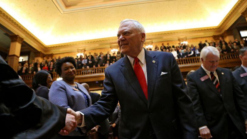 Jan. 13, 2016 - Atlanta - Governor Deal greets Georgia Supreme Court members as he enters the house. Gov. Nathan Deal on Wednesday proposed the largest cost-of-living pay raise for Georgia's more than 200,000 teachers and state employees since before the Great Recession, calling on lawmakers to approve a 3 percent hike. In his sixth State of the State address, the governor promised $300 million more for K-12 schools, following up on the recommendations of a task force he appointed last year to study education funding. BOB ANDRES / BANDRES@AJC.COM
