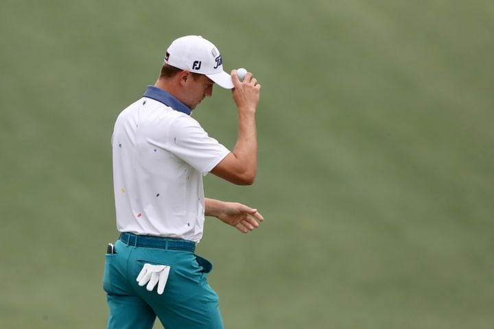April 8, 2021, Augusta: Justin Thomas reacts to making a putt on the tenth hole during the first round of the Masters at Augusta National Golf Club on Thursday, April 8, 2021, in Augusta. Curtis Compton/ccompton@ajc.com