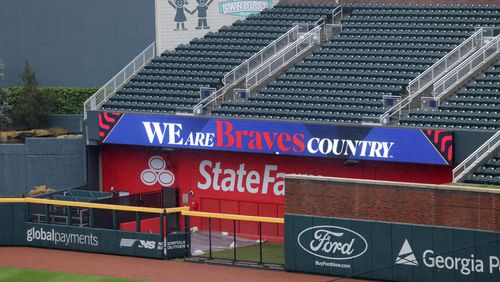 The baseball field at Truist Parkis shown with the Braves new marketing campaign, ‘We Are Braves Country,’ Tuesday, March 26, 2024, in Atlanta. (Jason Getz / jason.getz@ajc.com)
