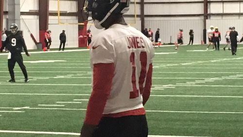 Falcons wide receiver Julio Jones here warming up at the team's indoor facility on Tuesday, December 12, 2017. (By D. Orlando Ledbetter/dledbetter@ajc.com)