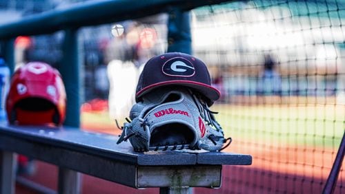 Georgia Bulldogs baseball equipment rests on a dugout before a practice Feb. 8, 2022. (Photo courtesy UGA Athletics)