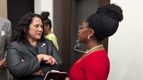 U.S. Small Business Administrator Isabel Casillas Guzman speaks with a Clark Atlanta student after a fireside chat at Clark Atlanta University on February 5, 2024.