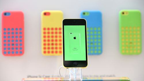 The Apple iPhone 5C displayed at an Apple Store in September of 2013 after the launch of the then new iPhone 5c.