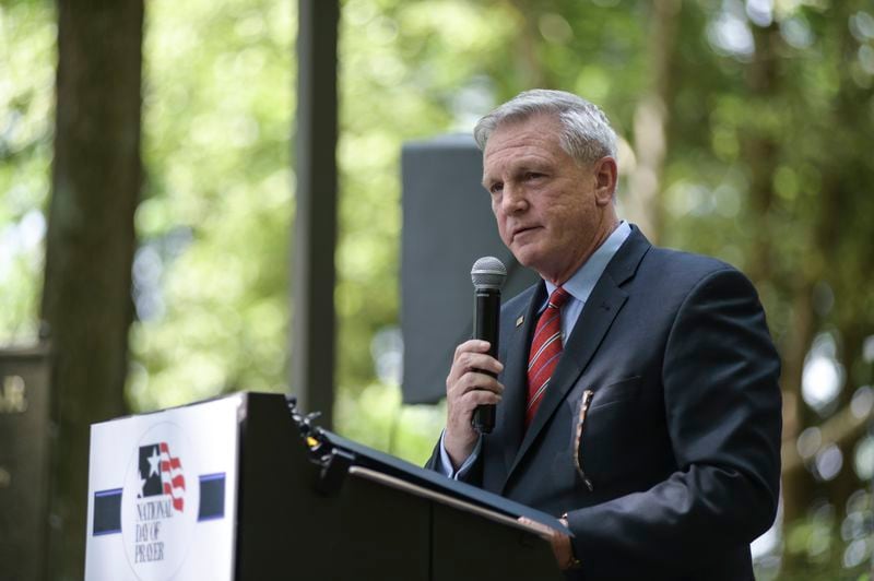 Kurt Wilson, Mayor of Roswell, speaks during the National Day of Prayer at Roswell City Hall on Thursday, May 5, 2022. Natrice Miller / natrice.miller@ajc.com)