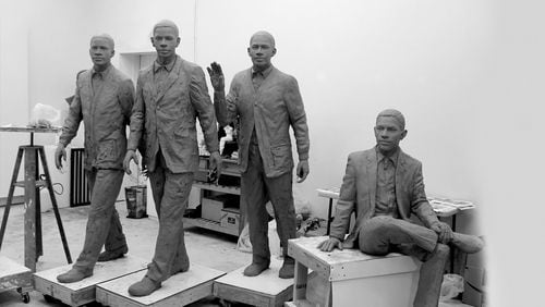The original clay models of “The Three Pioneers” sculpture, honoring Ralph A. Long Jr., Lawrence Williams and Ford C. Greene, that will be placed in Georgia Tech’s Harrison Square.“The First Graduate,” honoring Ronald Yancey, shows him sitting down. (Courtesy Georgia Tech).