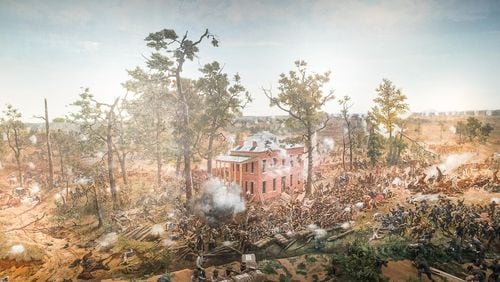 The newly restored “The Battle of Atlanta” can be seen starting Friday at the brand-new Lloyd and Mary Ann Whitaker Cyclorama Building. ALYSSA POINTER/ALYSSA.POINTER@AJC.COM