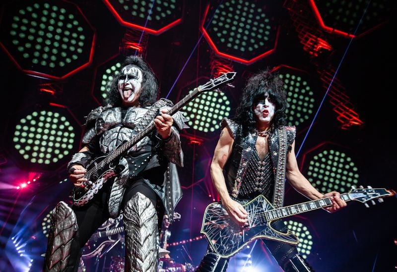 Gene Simmons and Paul Stanley doing what they do best - playing to the camera at State Farm Arena. Photo: Ryan Fleisher/Special to the Atlanta Journal-Constitution