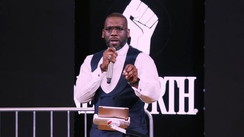 The Rev. Jamal Bryant directly addressed the week's news in New Missionary Baptist Church's Sunday service that was livestreamed Jan. 10, 2021. (Photo via New Birth Missionary Baptist Church livestream)