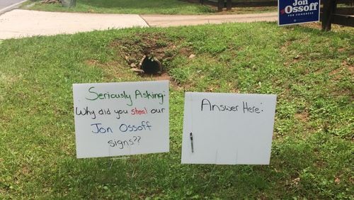 When some Jon Ossoff campaign signs disappeared from Barrett Walker’s  property, one of the ones she replaced them with wondered why anyone would steal them. Similar questions are being asked throughout the 6th congressional district as both Ossoff and Karen Handel supporters are reporting sign thefts, often multiple times.