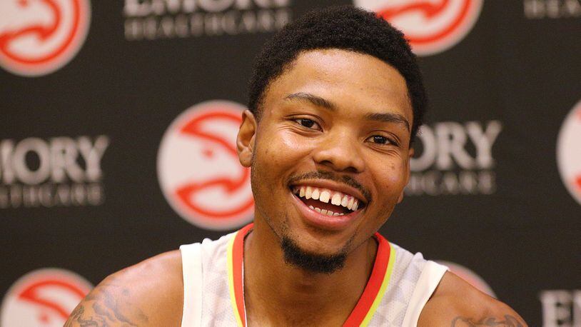 Kent Bazemore is all smiles during his media interview at Hawks Media Day on Monday, September 25, 2017, in Atlanta.