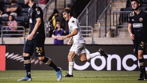 Atlanta United's Santiago Sosa celebrates after scoring in Tuesday's game against Philadelphia. The teams were competing in the Champions League tournament.