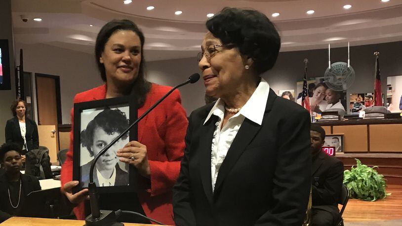 Atlanta Public Schools Superintendent Meria Carstarphen, left, recognizes Mary Frances Early, a former APS student and educator and the University of Georgia’s first African-American graduate, during the school board’s Monday, Jan. 6, 2020, meeting. VANESSA McCRAY/AJC
