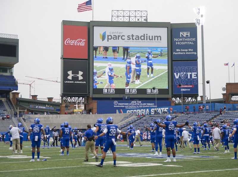 The Georgia State Panthers warm up prior to their Saturday,  Sept. 19, 2020, game against Louisiana at Georgia State's Center Parc Stadium in Atlanta. (Daniel Varnado / For the AJC)