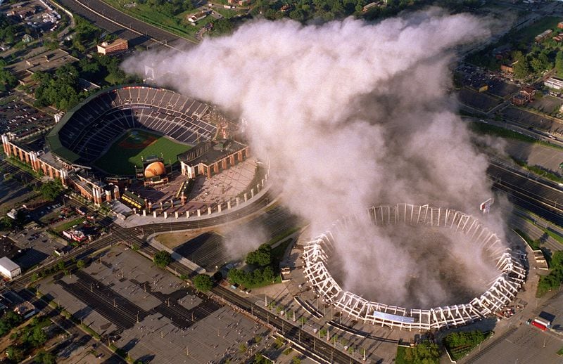 Aerial view of the aftermath of the implosion of Atlanta Fulton County Stadium 8/2/97, with Turner Field on the left. (AJC Staff Photo/Jean Shifrin) 8/97