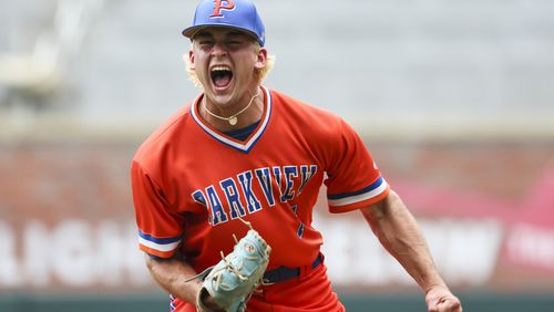 Parkview pitcher Ford Thompson reacts after striking out a Lowndes batter to end the sixth inning in game two of the GHSA baseball 7A state championship at Truist Park, Wednesday, May 17, 2023, in Atlanta. Lowndes defeated Parkview 5-2 in game two. Lowndes defeated Parkview to win the GHSA baseball 7A state championship series 2-0. (Jason Getz / Jason.Getz@ajc.com)