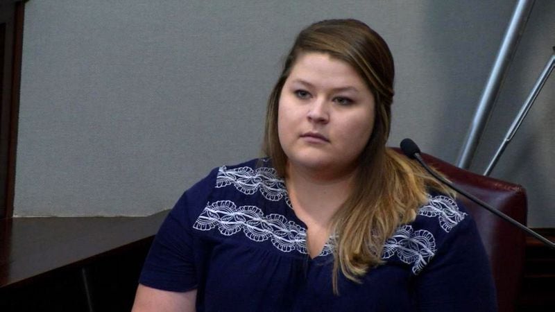 Alexandra Swindell, who says that she sexted with Justin Ross Harris on the apps Scout and Kik, testifies during Harris' murder trial at the Glynn County Courthouse in Brunswick, Ga., on Thursday, Oct. 20, 2016. (screen capture via WSB-TV)