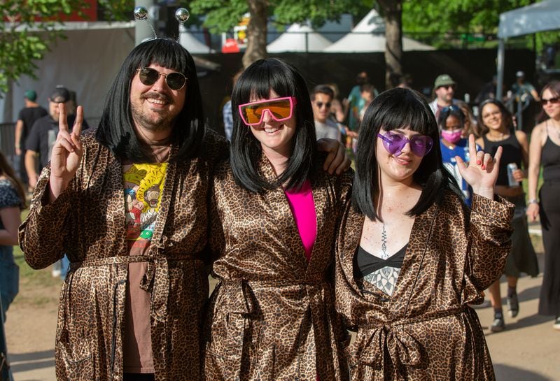 Fans dress up as Khruangbin on the third and final day of this year's Shaky Knees Festival on Sunday, May 1, 2022, at Central Park in Atlanta. (Photo by Ryan Fleisher for The Atlanta Journal-Constitution)