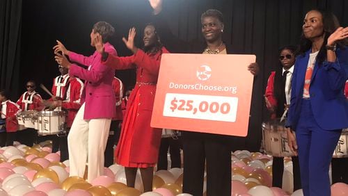 Actress Lupita Nyong'o and Good Morning America's Robin Roberts visited Coretta Scott King Young Women Leadership Academy today to encourage students and present a $25,000 donation. PHOTO: APS Superintendent Twitter