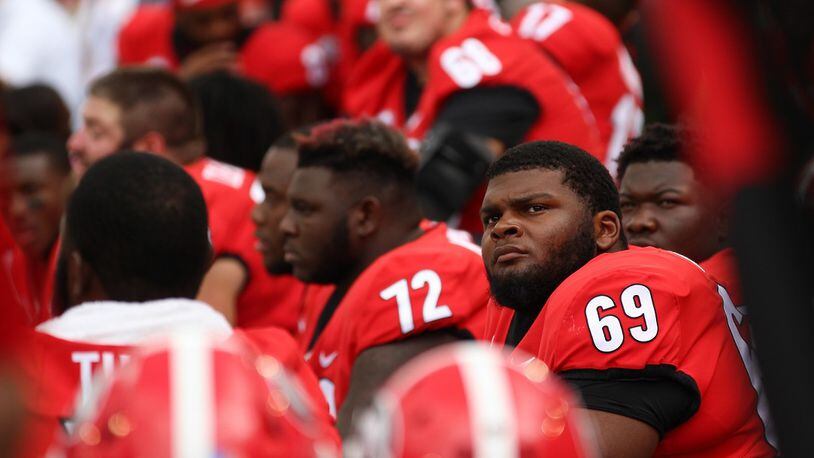 Georgia offensive lineman Jamaree Salyer (69) watches the scoreboard during a game between Georgia and Middle Tennessee at Stanford Stadium in Athens on Saturday, Sep., 15, 2018. (Photo by Lauren Tolbert/UGA).