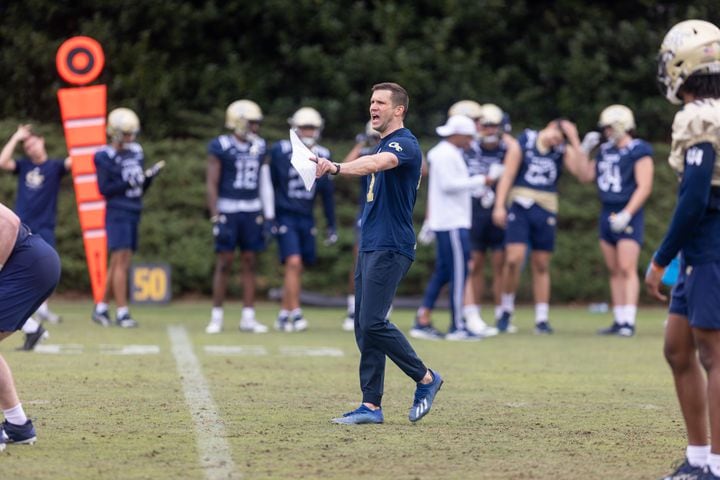 Defensive coordinator Andrew Thacker coaches during the first day of spring practice for Georgia Tech football at Alexander Rose Bowl Field in Atlanta, GA., on Thursday, February 24, 2022. (Photo Jenn Finch)