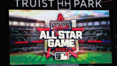 Major League Baseball, the Braves and officials from the city of Atlanta and Cobb County last September unveiled
the official logo of the 2021 All-Star Game. The logo is seen during a video on the center field scoreboard as the Braves played the Miami Marlins  at Truist Park on Sept. 24, 2020.