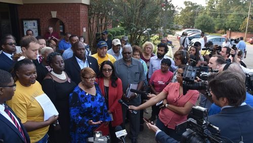 August 24, 2018 Cuthbert - Voting rights advocates including Helen Butler with Georgia Coalition for the People’s Agenda speak outside Randolph County Government Center after Randolph County Board of Elections defeated a contentious proposal to close seven rural voting locations on Friday, August 24, 2018. HYOSUB SHIN / HSHIN@AJC.COM