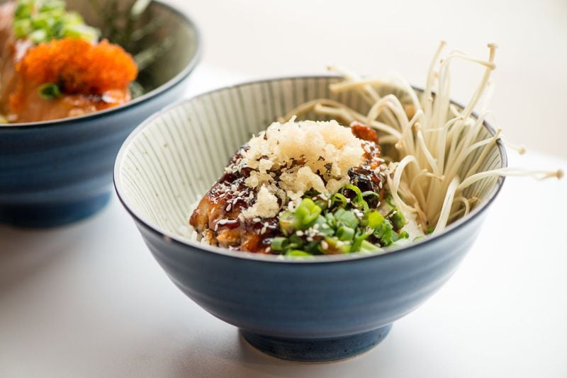 Unagi Rice Bowl with seaweed salad and enoki mushrooms. Photo credit- Mia Yakel.