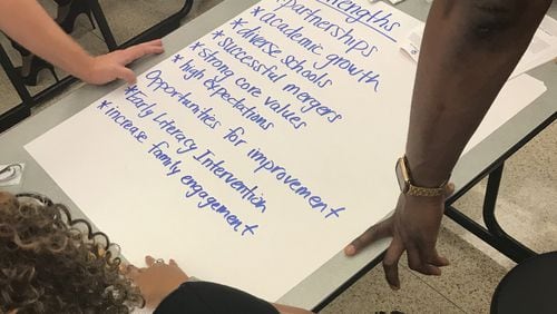 Strategic planning participants write down strengths and weaknesses during an Atlanta Public Schools’ community meeting held at Douglass High School on Sept. 18, 2019. VANESSA McCRAY/AJC