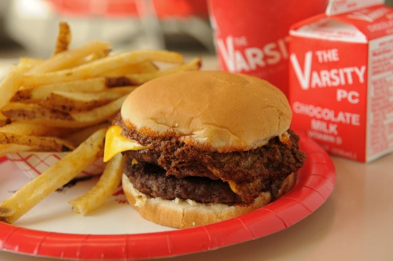 Double chili cheese burger, fries and a Varsity PC (chocolate milk)(Becky Stein Photography)