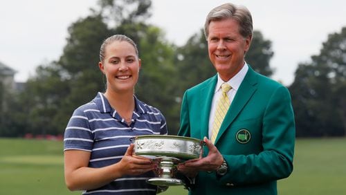 Jennifer Kupcho celebrates with Chairman of Augusta National Golf Club and the Masters Tournament Fred Ridley and the trophy after winning the Augusta National Women's Amateur at Augusta National Golf Club on April 06, 2019 in Augusta, Georgia. (Photo by Kevin C.  Cox/Getty Images)