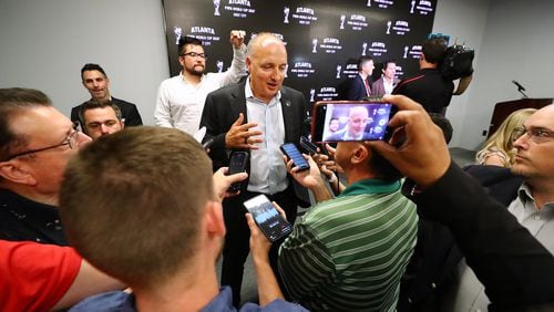 Darren Eales, at the time president of Atlanta United, takes questions during the announcement press conference for the 2026 World Cup at Mercedes-Benz Stadium on Thursday, June 16, 2022, in Atlanta. (AJC file photo/Curtis Compton)