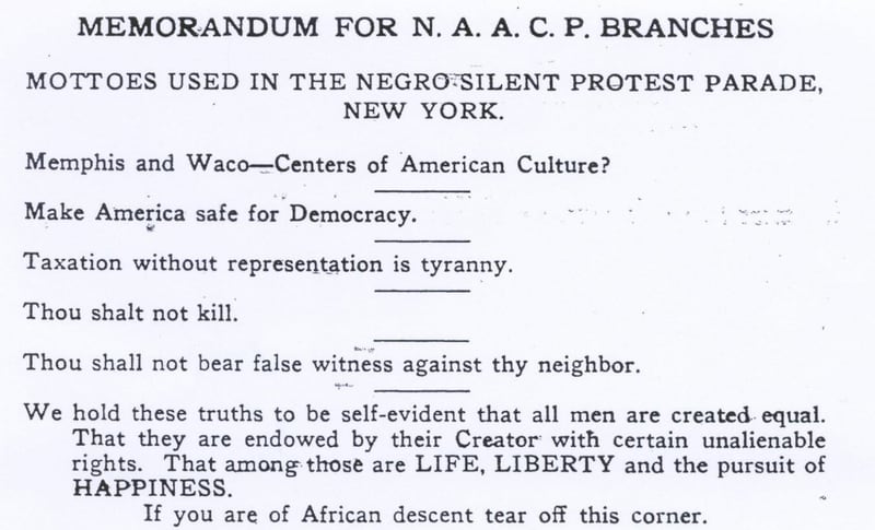 Screenshot of mottos from the NAACP's 1917 Silent Parade flyer.