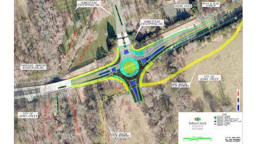 Map depicts the proposed roundabout at the intersection of Bell Road, Homestead Trail and the entrance to the future Cauley Creek Park in Johns Creek. The city has awarded a $778,459 construction contract for the project, and work is to begin this winter. CITY OF JOHNS CREEK