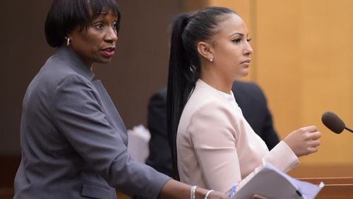 8/14/18 - Atlanta - Delicia Cordon, right, and her lawyer, Tanya Mitchell Graham approach the podium during Cordon's eviction hearing in her case with LeSean McCoy, Buffalo Bills' running back, in Judge Melynee Leftridge's courtroom on Tuesday, August 14. Jenna Eason / Jenna.Eason@coxinc.com