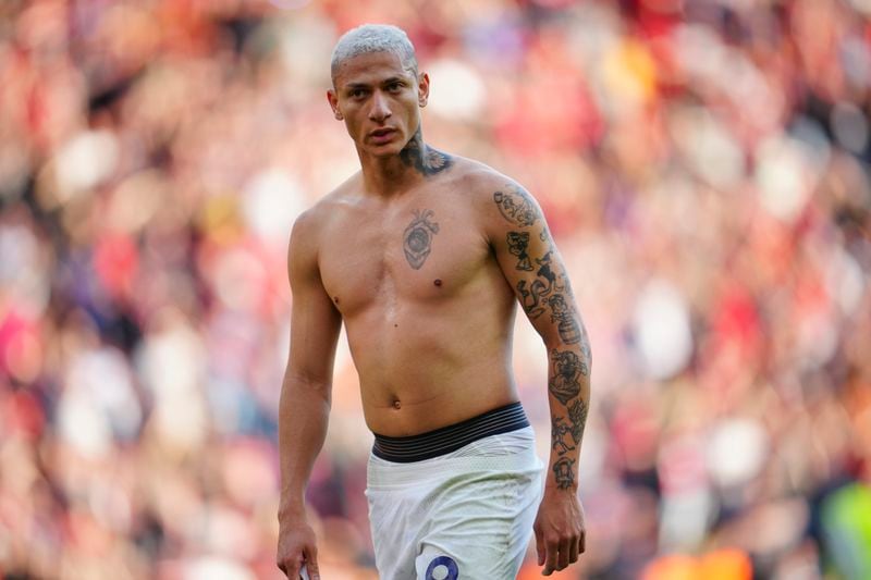 Tottenham's Richarlison leaves the pitch at the end of the English Premier League soccer match between Liverpool and Tottenham Hotspur at Anfield Stadium in Liverpool, England, Sunday, May 5, 2024. (AP Photo/Jon Super)