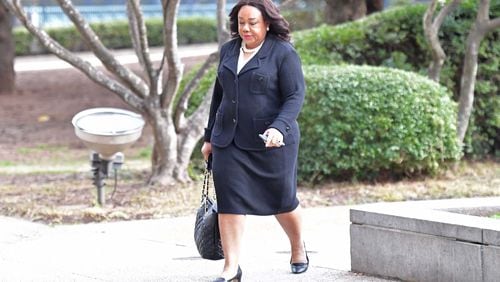 Former DeKalb Commissioner Sharon Barnes Sutton arrived at the county courthouse Tuesday for a hearing on the constitutionality of the DeKalb Board of Ethics. HYOSUB SHIN / HYOSUB.SHIN@AJC.COM