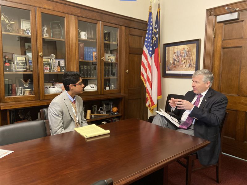 Here Vinayak Menon meets with then-Congressman Rob Woodall to talk about what can be done to keep young people away from drugs.  Photo provided by Vinayak Menon