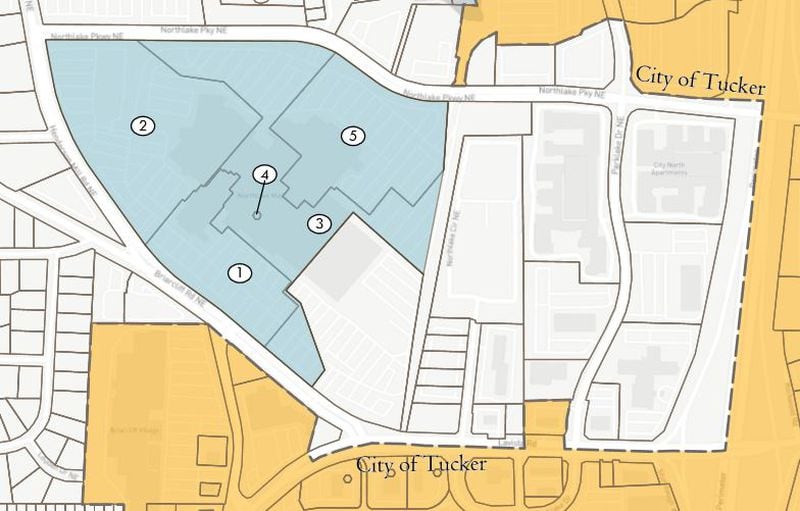 This map shows the areas of Northlake Mall (shaded in blue) that would become part of Tucker (the area in yellow). (Photo: City of Tucker)