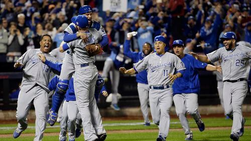 The Kansas City Royals celebrate after Game 5 of the Major League Baseball World Series against the New York Mets on Nov. 2, 2015, in New York. The Royals won 7-2 to win the series.
