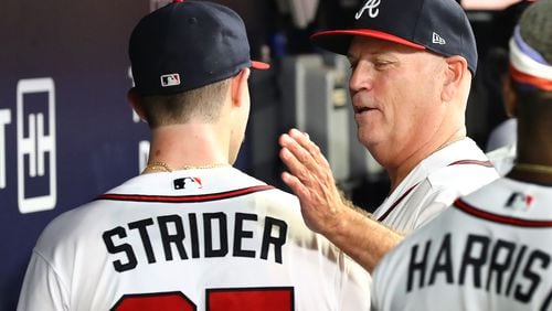 The Braves' Spencer Strider, Brian Snitker and Michael Harris all were selected as finalists for NL honors Monday. Strider and Harris are vying for NL Rookie of the Year. Snitker is up for NL Manager of the Year. (Curtis Compton / Curtis Compton@ajc.com)