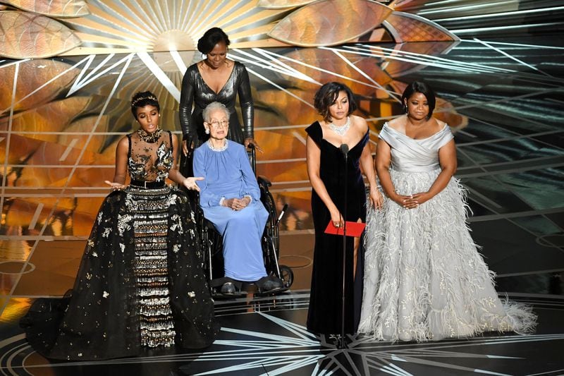 HOLLYWOOD, CA - FEBRUARY 26: NASA mathematician Katherine Johnson (2nd L) appears onstage with (L-R) actors Janelle Monae, Taraji P. Henson and Octavia Spencer speak onstage during the 89th Annual Academy Awards at Hollywood & Highland Center on February 26, 2017 in Hollywood, California. (Photo by Kevin Winter/Getty Images)
