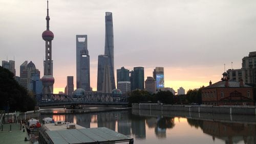 Sunrise over the Huangpu River in Shanghai.