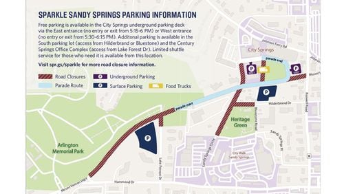 Map depicts the parade route and parking areas for the inaugural Sparkle Sandy Springs Holiday Parade, which steps off at 5:30 p.m. Sunday on Mount Vernon Highway. CITY OF SANDY SPRINGS