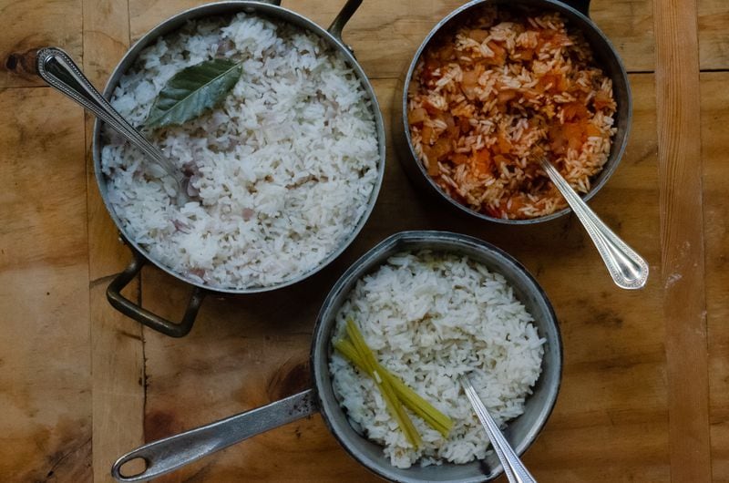 Pilaf ingredients can vary, but the technique for preparing rice pilaf does not. Pictured (clockwise from top left) are classic rice pilaf, Italian-inspired tomato rice pilaf, and coconut rice pilaf. (Virginia Willis for The Atlanta Journal-Constitution)