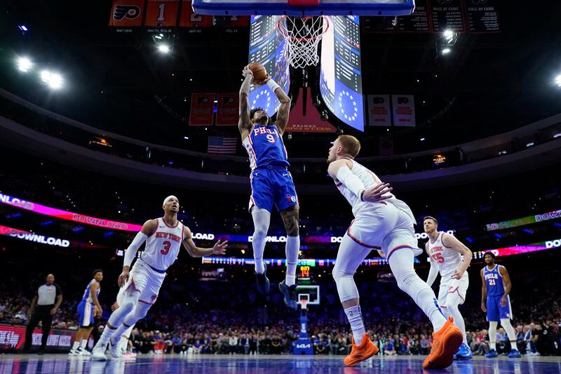 Philadelphia 76ers' Kelly Oubre Jr. (9) goes up for a dunk during the first half of Game 3 in an NBA basketball first-round playoff series against the New York Knicks, Thursday, April 25, 2024, in Philadelphia. (AP Photo/Matt Slocum)